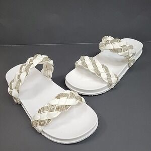 NWOB Sophie Sue Sandals Size 8 White & Silver Rhinestones Flats Slip-On Comfy